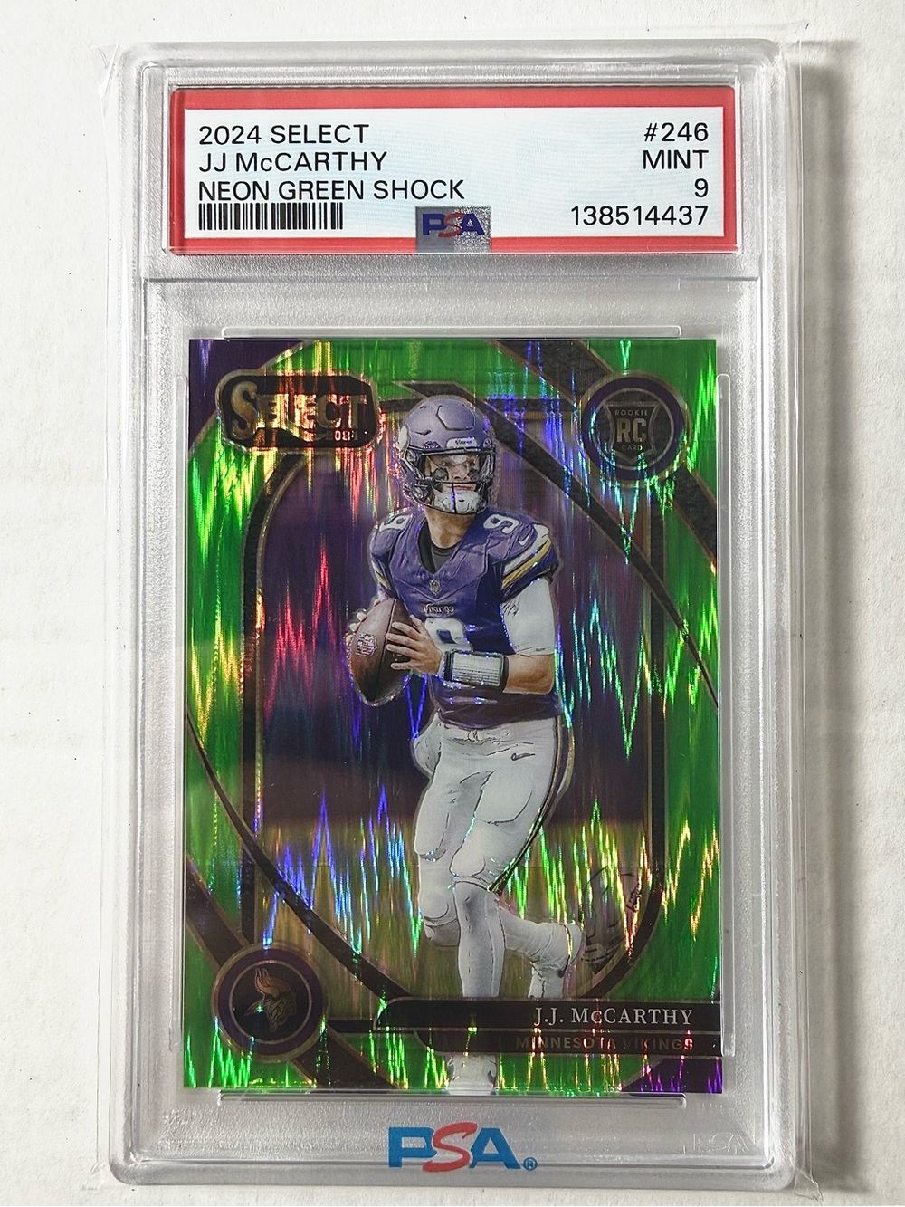2024 Select JJ McCarthy Neon Green Shock RC PSA 9 Football Card 300/499